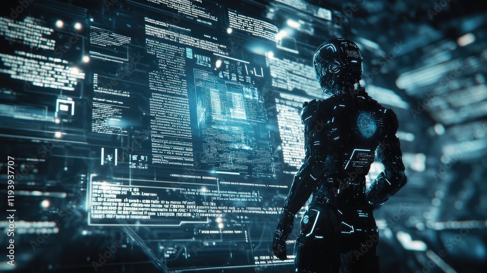 Poster A digital humanoid robot interacting with AI text, set in a futuristic circuit network, representing technological advancement and AI innovation