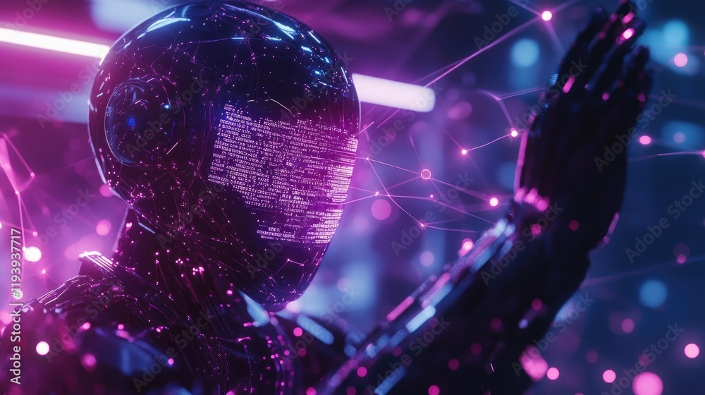 Poster A digital humanoid robot interacting with AI text, set in a futuristic circuit network, representing technological advancement and AI innovation