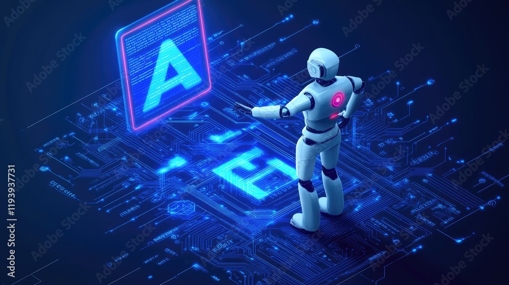 Aufkleber A digital humanoid robot interacting with AI text, set in a futuristic circuit network, representing technological advancement and AI innovation