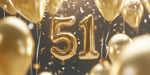 Floating gold balloons in the shape of the number 51, surrounded by more balloons and confetti. Gray background. Decorations for birthday or anniversary