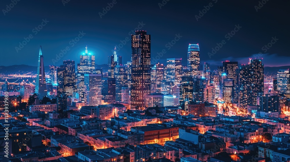 Poster a digital network of glowing connections illuminating the san francisco skyline at night, showcasing