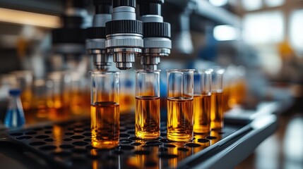 Automated system dispensing amber liquid into glass cylinders in a laboratory setting.