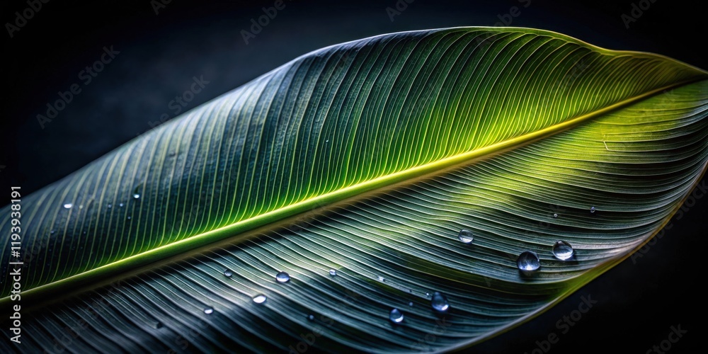 Poster illuminated leaf with dewdrops a close-up study of natural texture and light