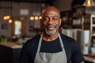 Fototapeta premium Smiling portrait of a middle aged male African American small business owner
