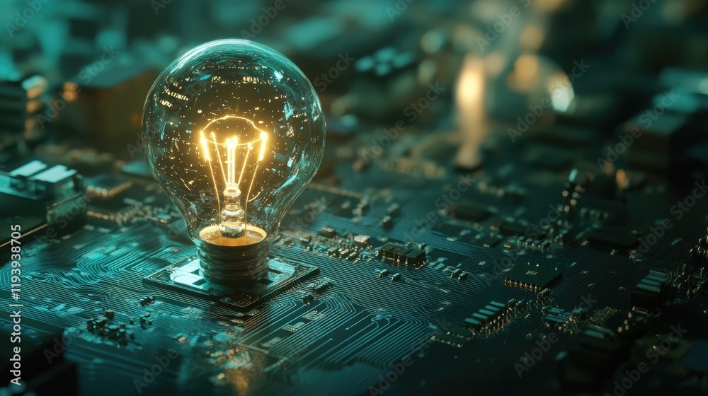 Poster a futuristic image of a lightbulb glowing on a circuit board, representing new ideas, innovation, an