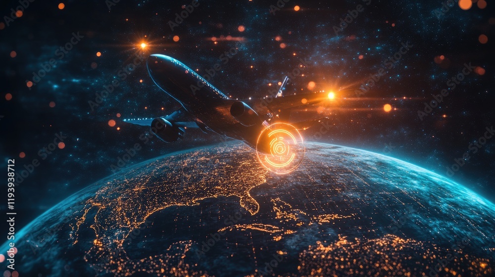 Poster A futuristic image of an airplane flying over a digital globe, with a glowing geolocation icon symbolizing international travel.