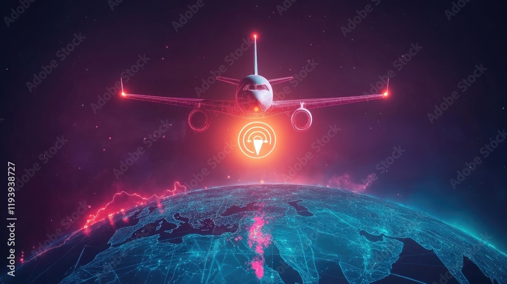Poster A futuristic image of an airplane flying over a digital globe, with a glowing geolocation icon symbolizing international travel.
