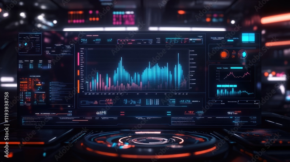 Aufkleber A futuristic interface displaying real-time financial data with bar graphs, line charts, and currency symbols for analysis.