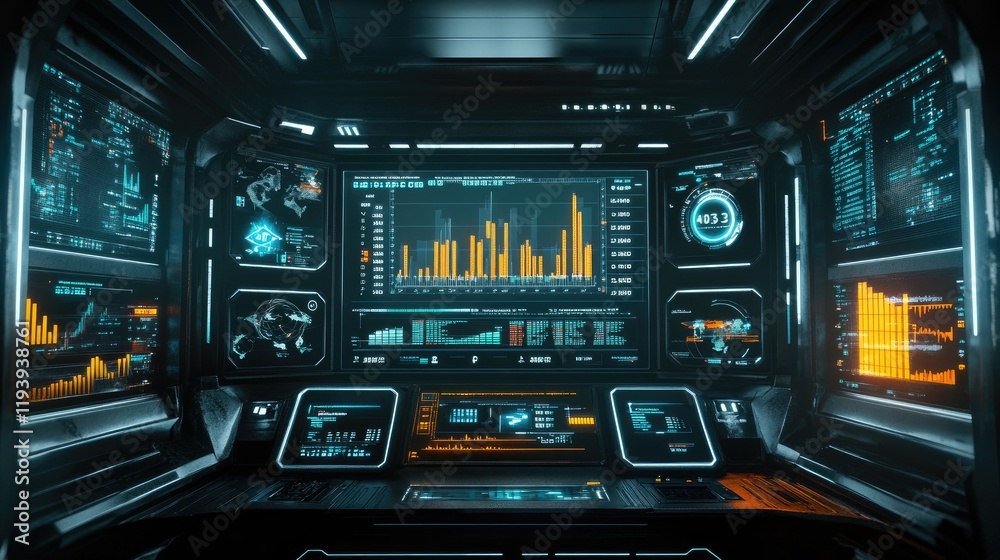 Poster A futuristic interface displaying real-time financial data with bar graphs, line charts, and currency symbols for analysis.