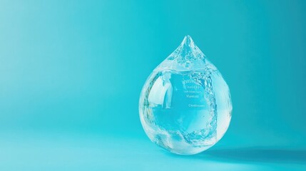 A globe in the shape of a water droplet with a message on saving water, set against a blue background, promoting environmental conservation on World Water Day.