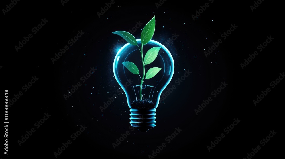 Poster a glowing lightbulb with a plant sprouting from it, representing energy-efficient solutions and envi