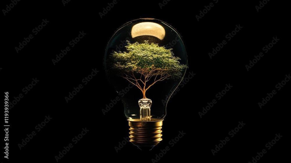 Poster a glowing lightbulb with a tree inside, symbolizing the fusion of green energy and environmental pro