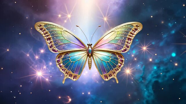 A butterfly with a gold body and purple wings. The butterfly is surrounded by stars and is on a blue background