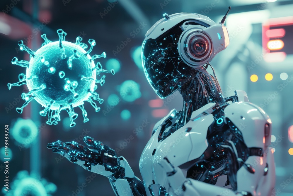 Aufkleber Advanced robots neutralizing viruses in a high tech laboratory during a futuristic setting. Generative AI