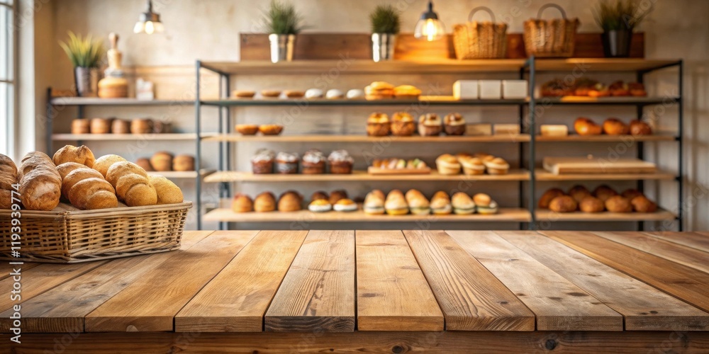 Poster rustic wooden table in front of a bakery showcasing an assortment of freshly baked bread and pastrie