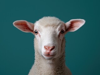 Fototapeta premium Close-up portrait of a fluffy white lamb against a teal background