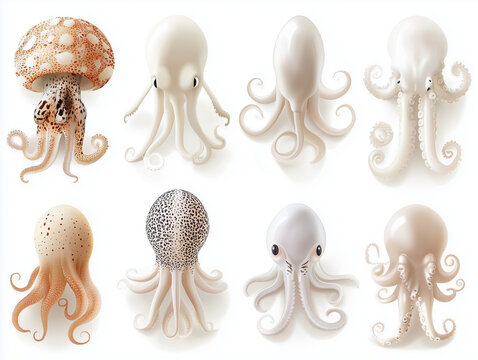 8 ic&ocirc;nes de calamars en 3D sur fond blanc