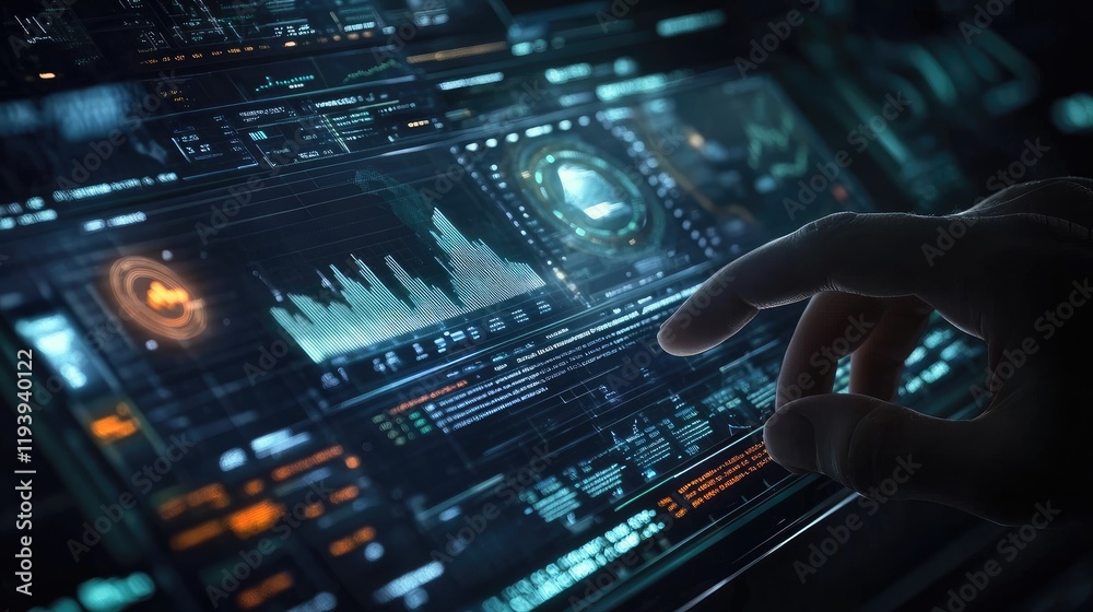 Poster A hand scrolling through stock market data and financial graphs on a digital screen, with futuristic technology overlaying the financial figures