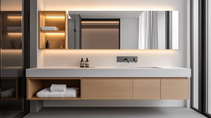 A minimalist bathroom featuring a backlit mirror, sleek cabinetry, and open shelving for a functional design