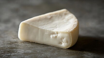 A wedge of Gouda goat cheese, showcasing its smooth texture and white color. This Dutch cheese is known for its mild, tangy flavor, making it perfect for gourmet dishes and cheese boards.