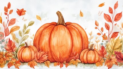 Watercolor Autumn Pumpkins, Fall Leaves, Decorative Arrangement