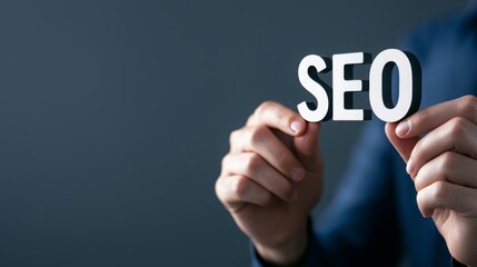 A person holding the letters "SEO" to emphasize search engine optimization.