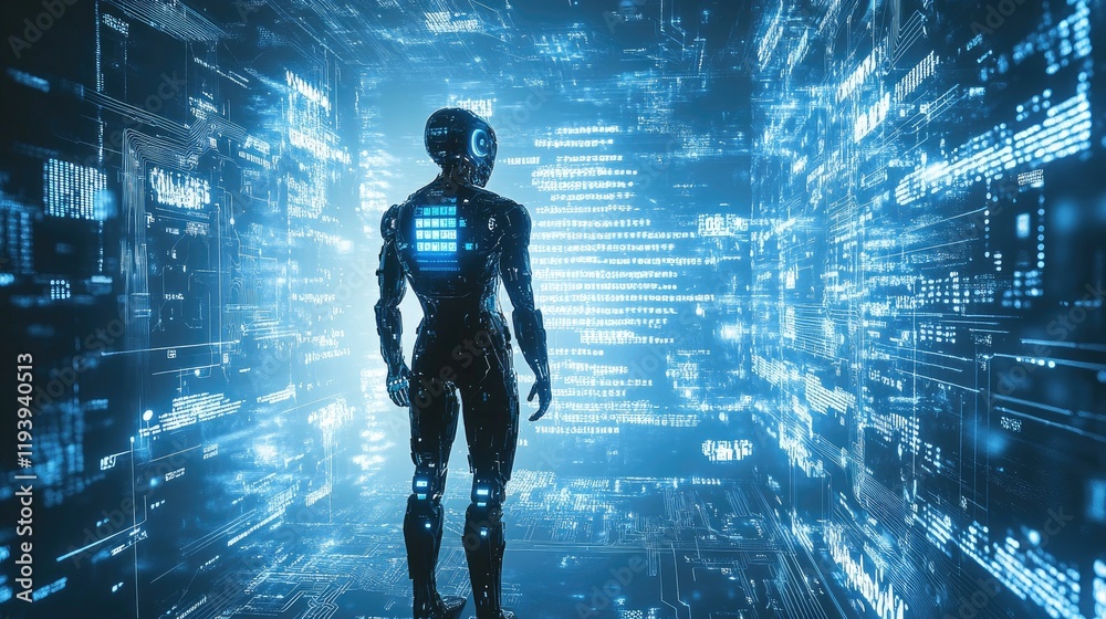 Poster A humanoid robot interacting with glowing AI text, surrounded by futuristic circuits, symbolizing artificial intelligence, technology, and digital innovation