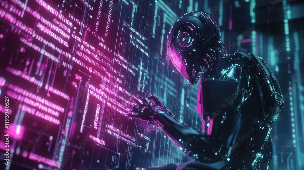 Aufkleber A humanoid robot interacting with glowing AI text amidst a network of futuristic circuits, symbolizing the future of technology and artificial intelligence