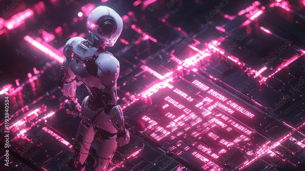 Aufkleber A humanoid robot interacting with glowing AI text amidst a network of futuristic circuits, symbolizing the future of technology and artificial intelligence