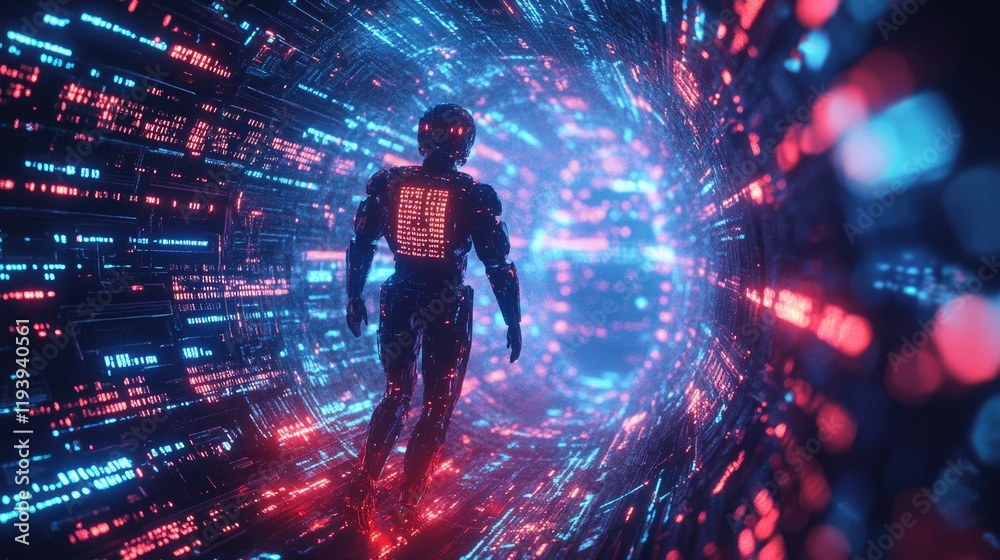 Aufkleber A humanoid robot interacting with glowing AI text amidst a network of futuristic circuits, symbolizing the future of technology and artificial intelligence