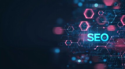 Abstract digital representation of SEO concepts with glowing elements and hexagonal patterns.
