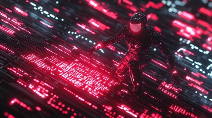 Obraz premium A humanoid robot interacting with glowing AI text amidst a network of futuristic circuits, symbolizing the future of technology and artificial intelligence