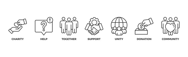 Volunteering banner web icon illustration concept for volunteer aid assistant with icon of charity, help, together, support, unity, donation, and community