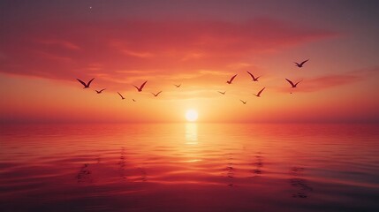 Fototapeta premium Birds flying over ocean at sunset.