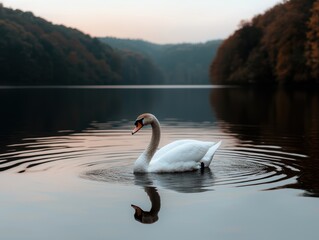 Serene swan on calm lake at sunset