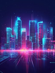 Fototapeta premium Glowing skyscrapers illuminate the cityscape with vibrant neon colors during a lively urban evening. Generative AI