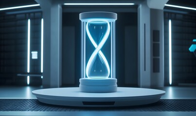 Futuristic hourglass in a sterile, neon-lit room.