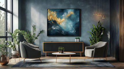 una sala en una habitacion decorada con muebles de lujo y cuadro decorativo de una pintura moderna minimalista