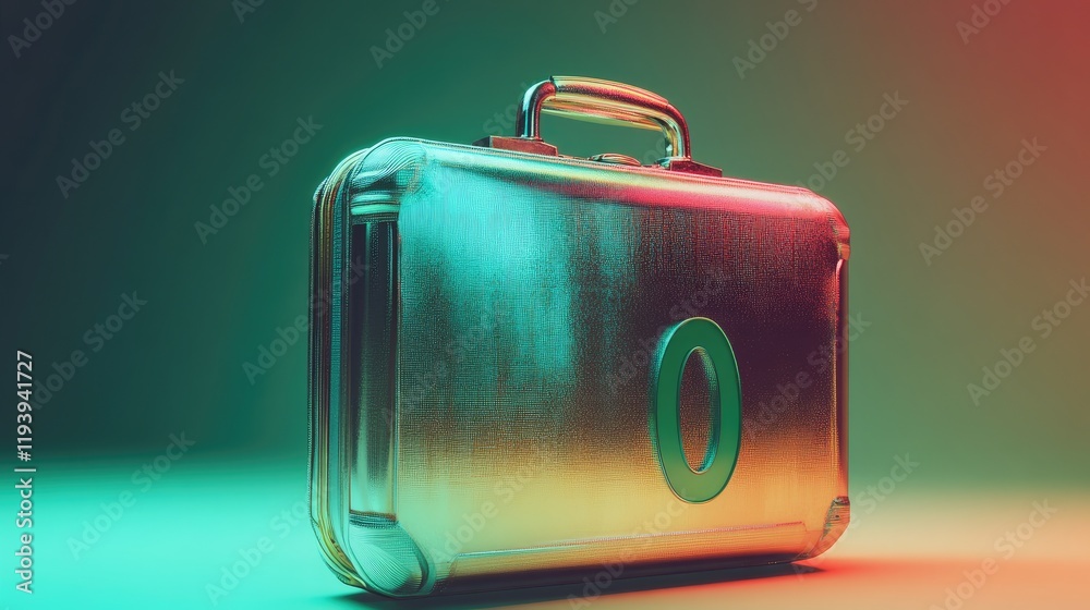 Poster a metallic briefcase with cash bundles and a bold green 0 symbol placed on a gradient background, sy