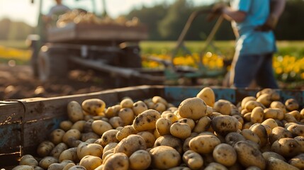 Harvesting potatoes on the field in autumn