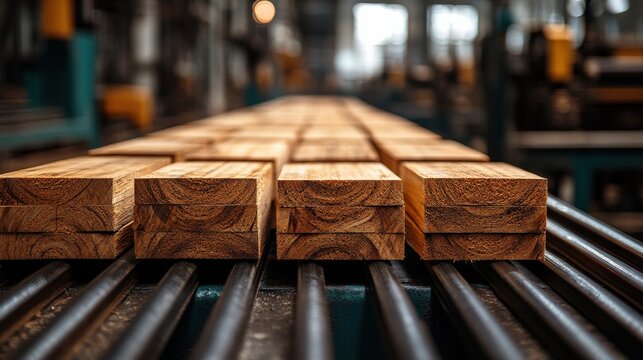 Close-Up of Freshly Cut Timber Planks on a Production Line in a Modern Woodworking Facility with Soft Bokeh Background and Industrial Environment
