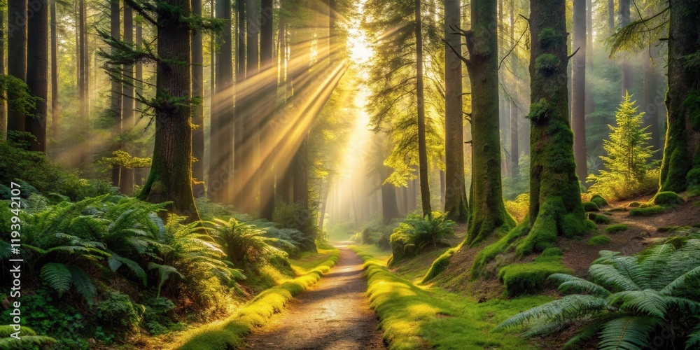 Poster sunbeams illuminate a mystical forest path, lush greenery and mossy trees