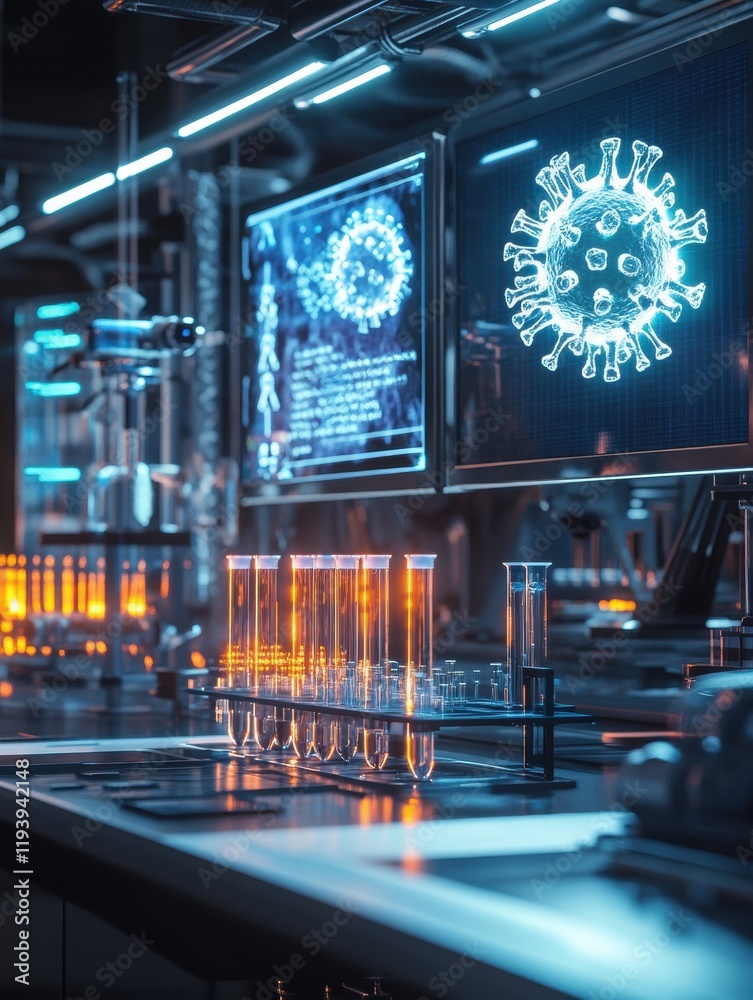 Aufkleber modern laboratory showcasing test tubes and glowing monitors displaying virus imagery along with hig