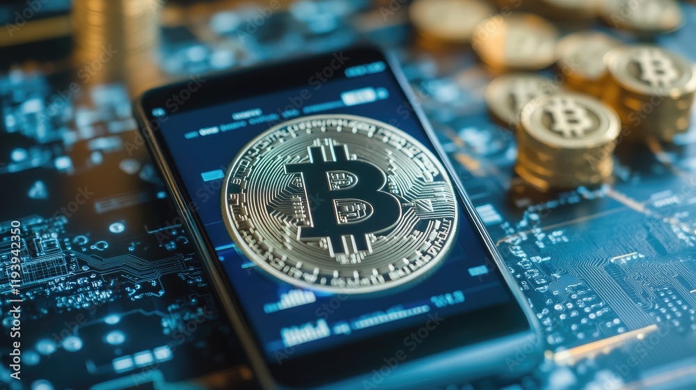 Poster a mobile phone displaying cryptocurrency exchange data and global financial symbols, symbolizing dig