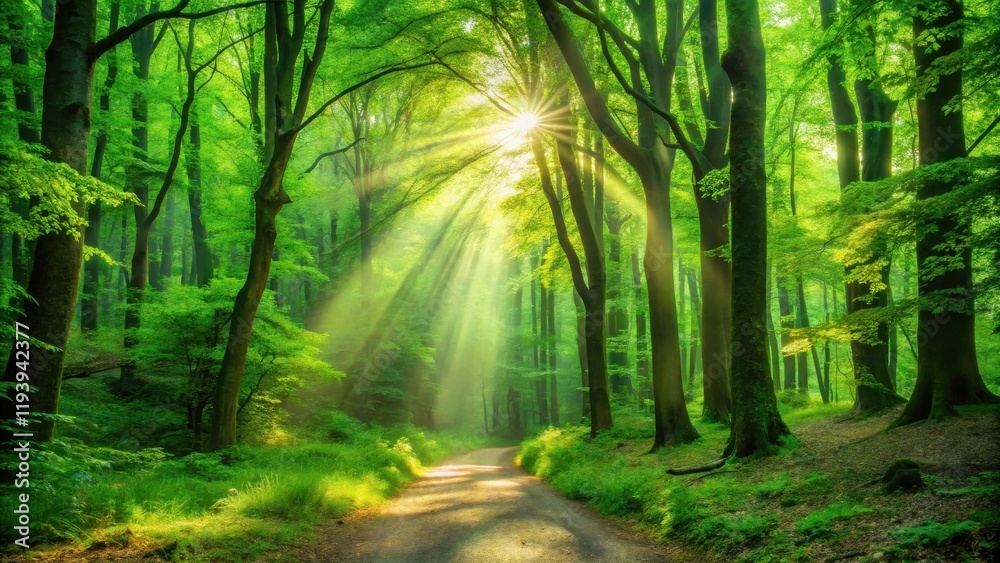 Poster Sunbeams Illuminate a Path Through Lush Green Forest
