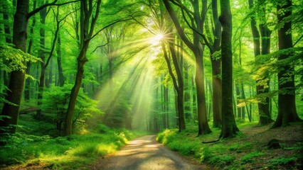 Obraz premium Sunbeams Illuminate a Path Through Lush Green Forest
