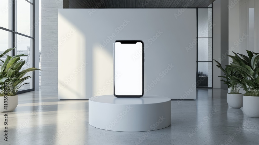 Poster a modern exhibition stand showcasing a smartphone with a blank screen on a white podium, set in a sl