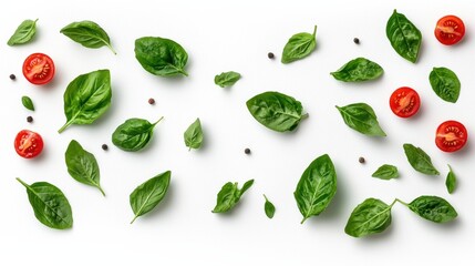 Fresh basil leaves and halved cherry tomatoes on white background