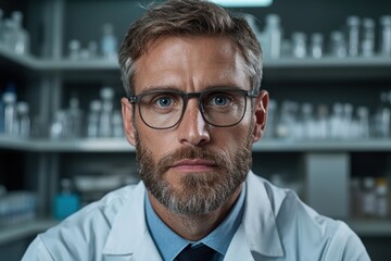 Obraz premium Portrait of a serious scientist in a lab coat