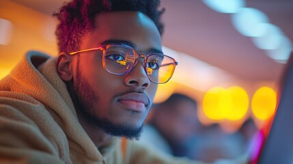 Focused young man using computer, vibrant background, digital workspace, technology use